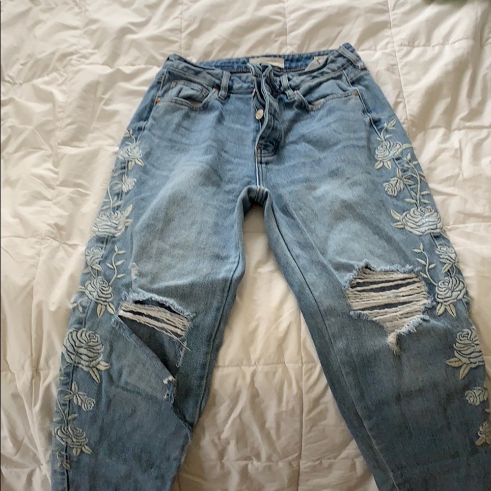 pac sun distressed embroidered mom jeans